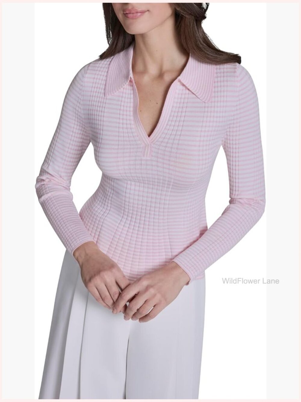 Knit Striped Long Sleeve Peplum Top - V-Neck, Fitted, Work to Night